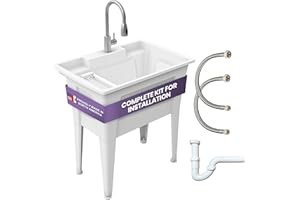 Freestanding Utility Sink with Stainless Steel Gooseneck Faucet - 32" Plastic Utility Sink for Garage, Laundry, Indoor and Oudoor Use - Laundry Tub Kit by Noah William Home - White (25.6 gal)