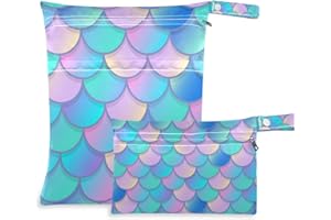 Qilmy 2pcs Sea Mermaid Scale Wet Dry Bag Waterproof Reusable Baby Cloth Diaper Organizer for Travel, Beach, Stroller, Diapers, Swimsuits, Toiletries
