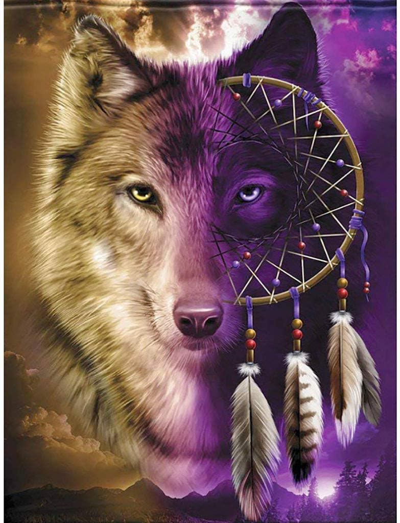 Mikilon 5D Diamond Painting Kit, 12 x 16 Inch Dream Catcher Wolf Full Drill Cross Stitch for Home Wall Decor Arts Craft