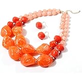 Izpack Layered Bead Statement Necklace Earrings Set for Women Boho Acrylic Beaded Dangle Hook Hoop Earring Chunky Strands Large Bib Collar for Wedding Party Jewelry