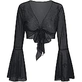SOLY HUX Womens Fairy Bell Sleeve Top Floral Lace Tie Front Crop Cardigan Y2k