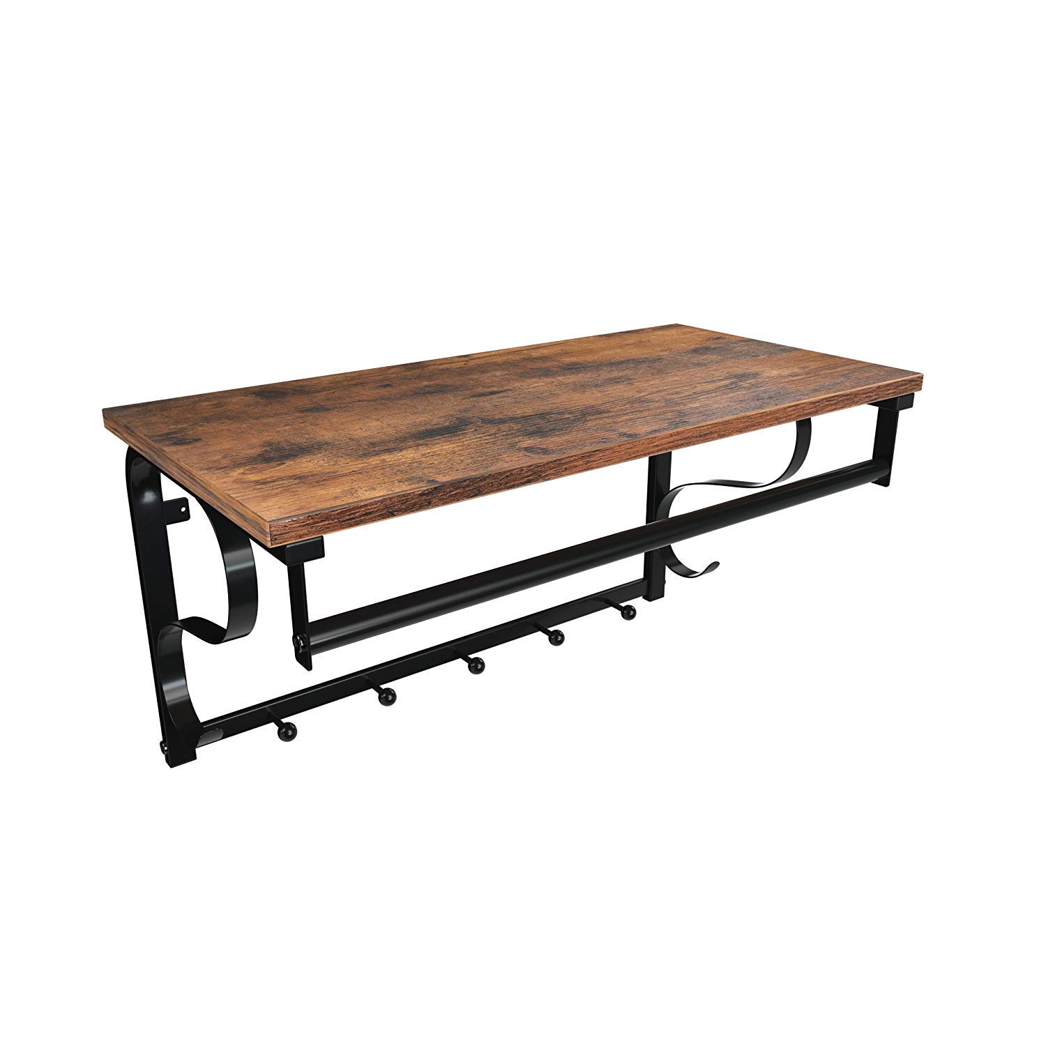 VASAGLE Industrial Wall Mounted Coat Rack with Shelf, 5 Hooks, Hanging Bar, for Hallway, Bathroom, Living Room, Rustic Brown and Black LCR11BX