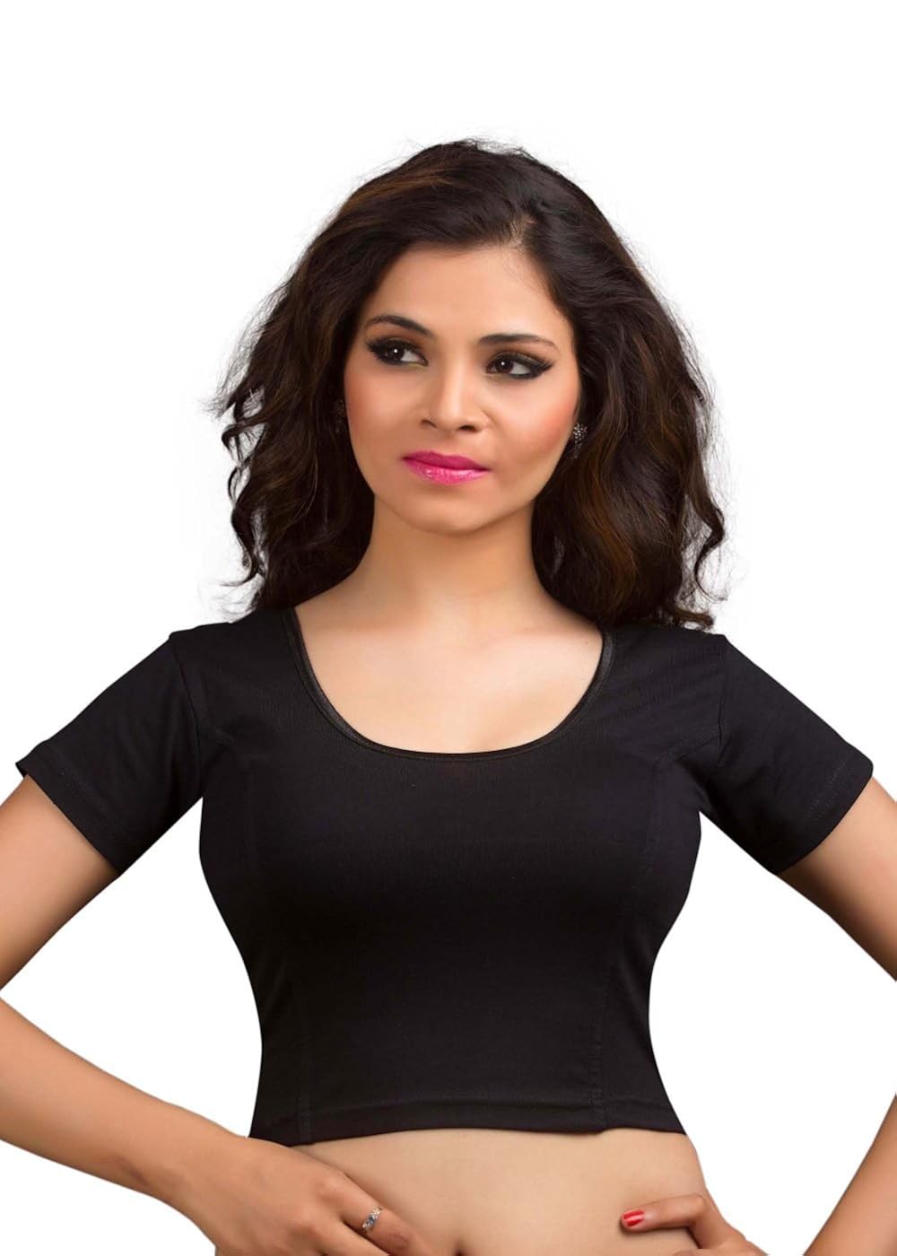 salwar studio women's black cotton lycra strechable readymade saree blouse