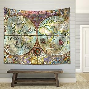 Illustration - Vintage Illustration with World Atlas Map on Antique Paper. Pirate Adventures - Fabric Wall Tapestry Home Decor - 51x60 inches