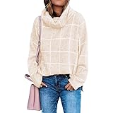 KIRUNDO 2021 Winter Women’s Turtleneck Knit Sweater Long Sleeves Pullover Plaid Side Split Checked Outwear Loose Fit Tops