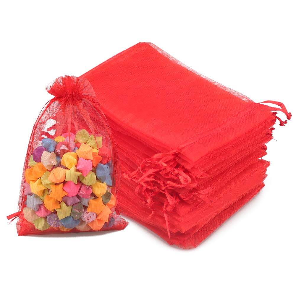 jijAcraft 100Pcs Red Organza Bags, 10x15CM Organza Gift Bags, Jeweller Pouches Drawstring Bag, Medium Party Sweet Bag For Wedding, Birthday, Christmas, Gift Wrapping