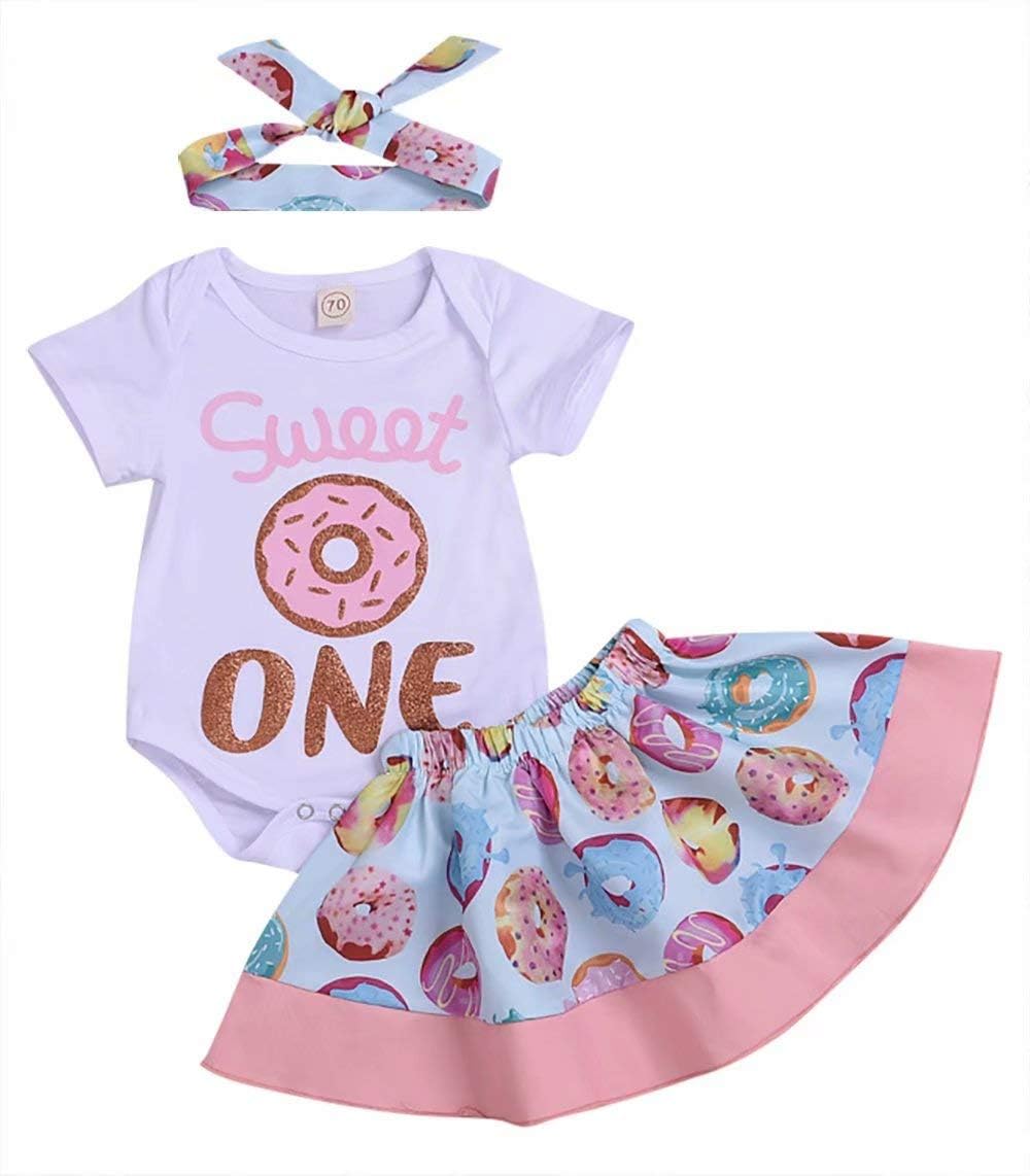 JELLYKIDS Baby Girl Sweet One Romper + Donut Tutu Skirt + Headband 1st Birthday Outfits Set