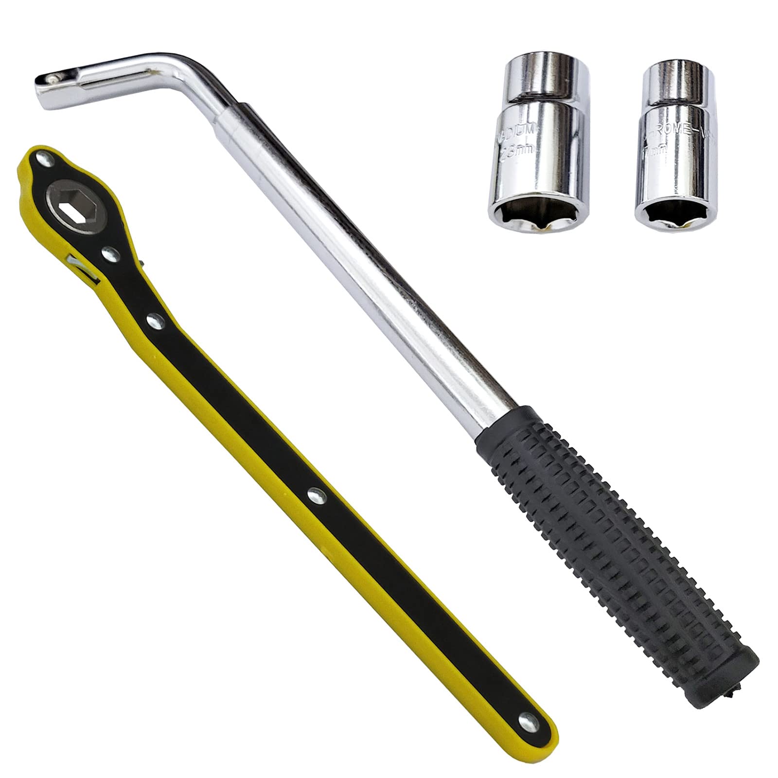 14-20 inch Wheel Wrench with Standard CR-V Sockets + 360° Swivel Labor-Saving Jack Ratchet Wrench (Hexagon)