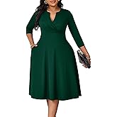 Runwind Women’s Plus Size Midi Dress 3/4 Sleeve Fit and Flare Cocktail Dresses Casual V-Neck Dress with Pockets