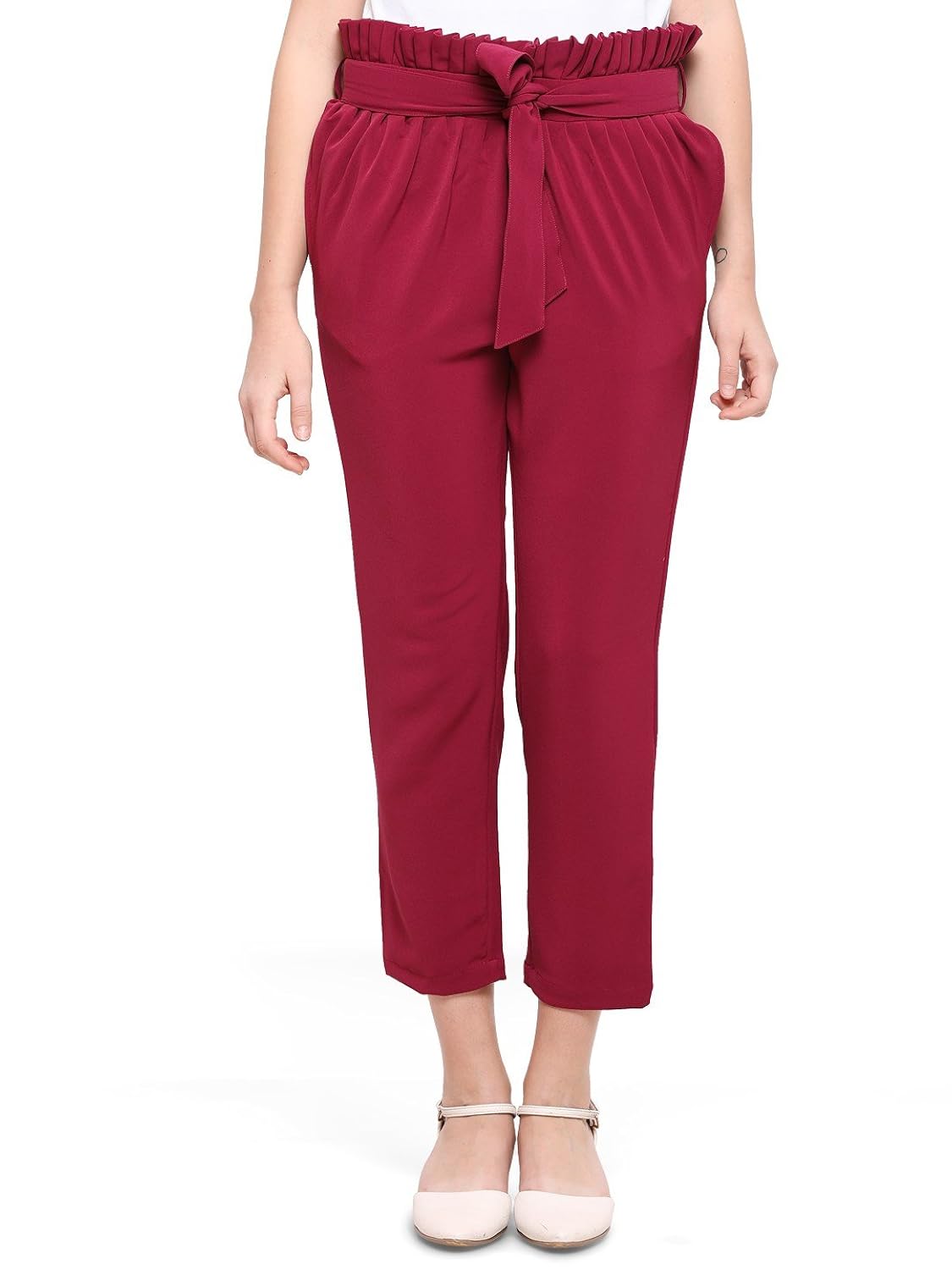 smarty pants women's poly spandex solid wine ankle length pants (smpt-93a)