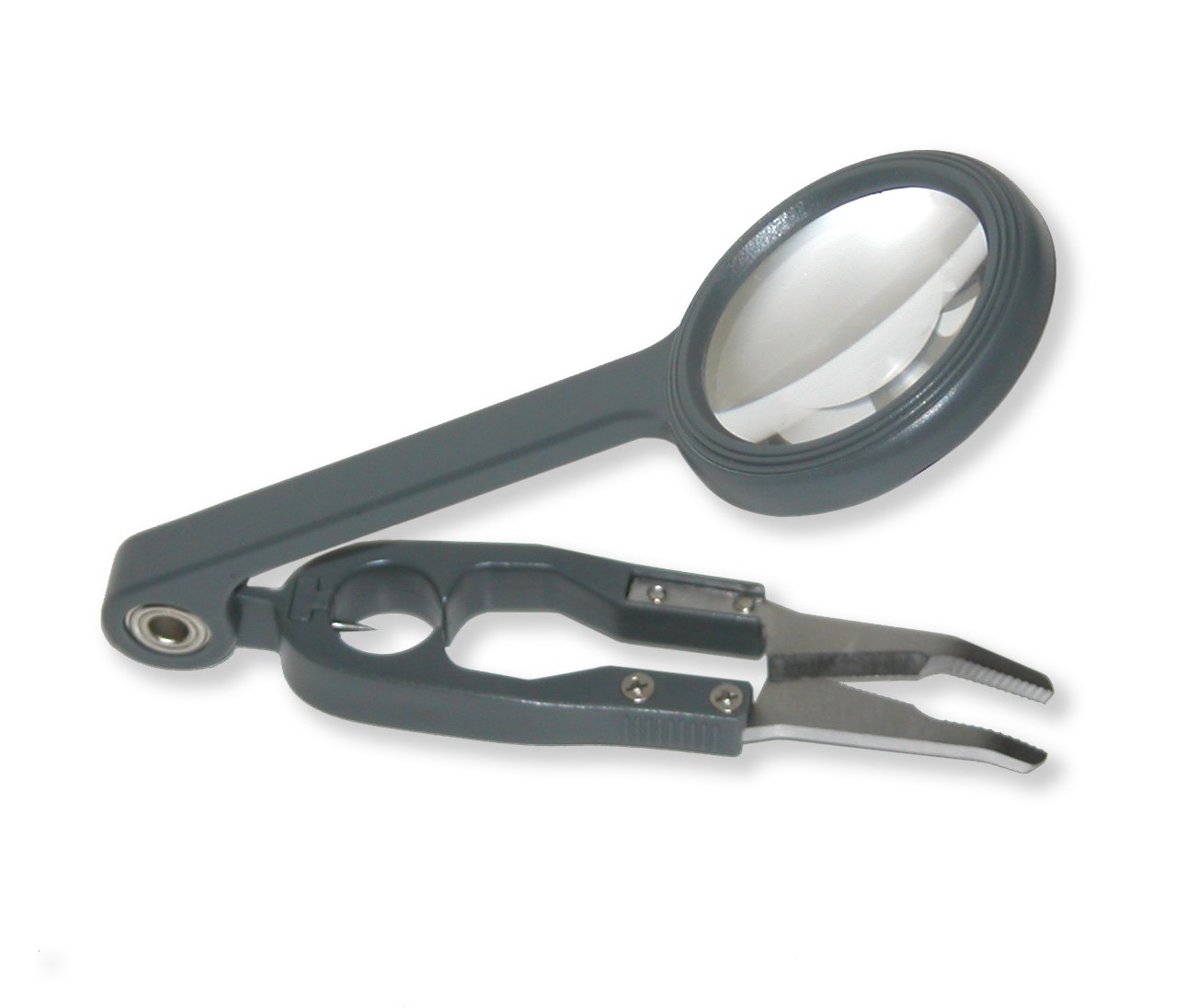 Carson OD-99 Fish'n Grip 4.5x Magnifier with Attached Serrated Grip Tweezers, Hook Cleaner and Line Cutter, Grey