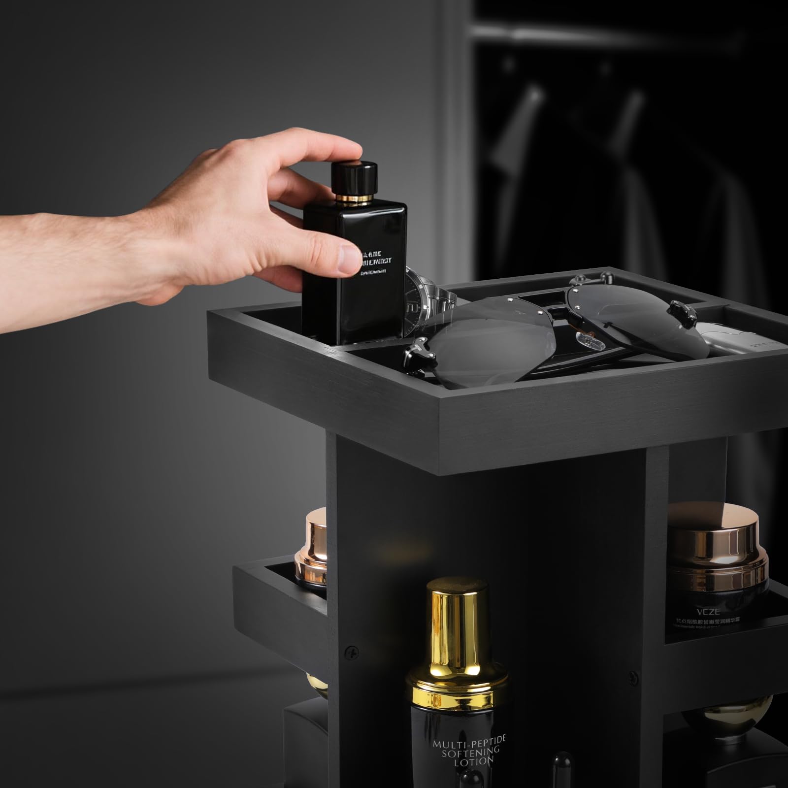 EXIN DECHEN Cologne Organizer for Men,Cologne Stand,3 Tier Large Capacity Wood Perfume Shelf with Rotate,Desk & Nightstand Organizer,Mens Husband Birthday Gifts Ideas,Christmas Gifts for Men(Black)