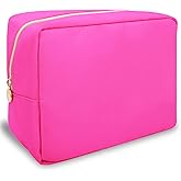 Nylon Large Makeup Bag Travel Cosmetic Bag Pouch, Preppy Big Makeup Bag Cute Cosmetic Zipper Pouch Purse, Waterproof Toiletry Bag Clutch Makeup Organizer Travel Essentials for Women Girls(Hot Pink)