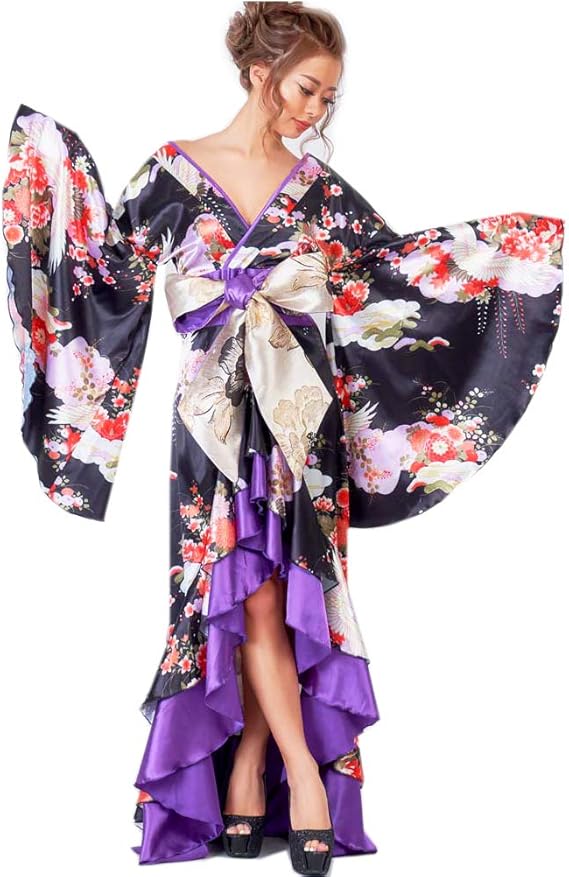 Amazon 花魁系 着物ドレス ｖカット ロングドレス オフショル 肩出し ハーフショールダーレス 浴衣 レディース 帯紐付き ブラック 0712 Julius 服 ファッション小物 通販