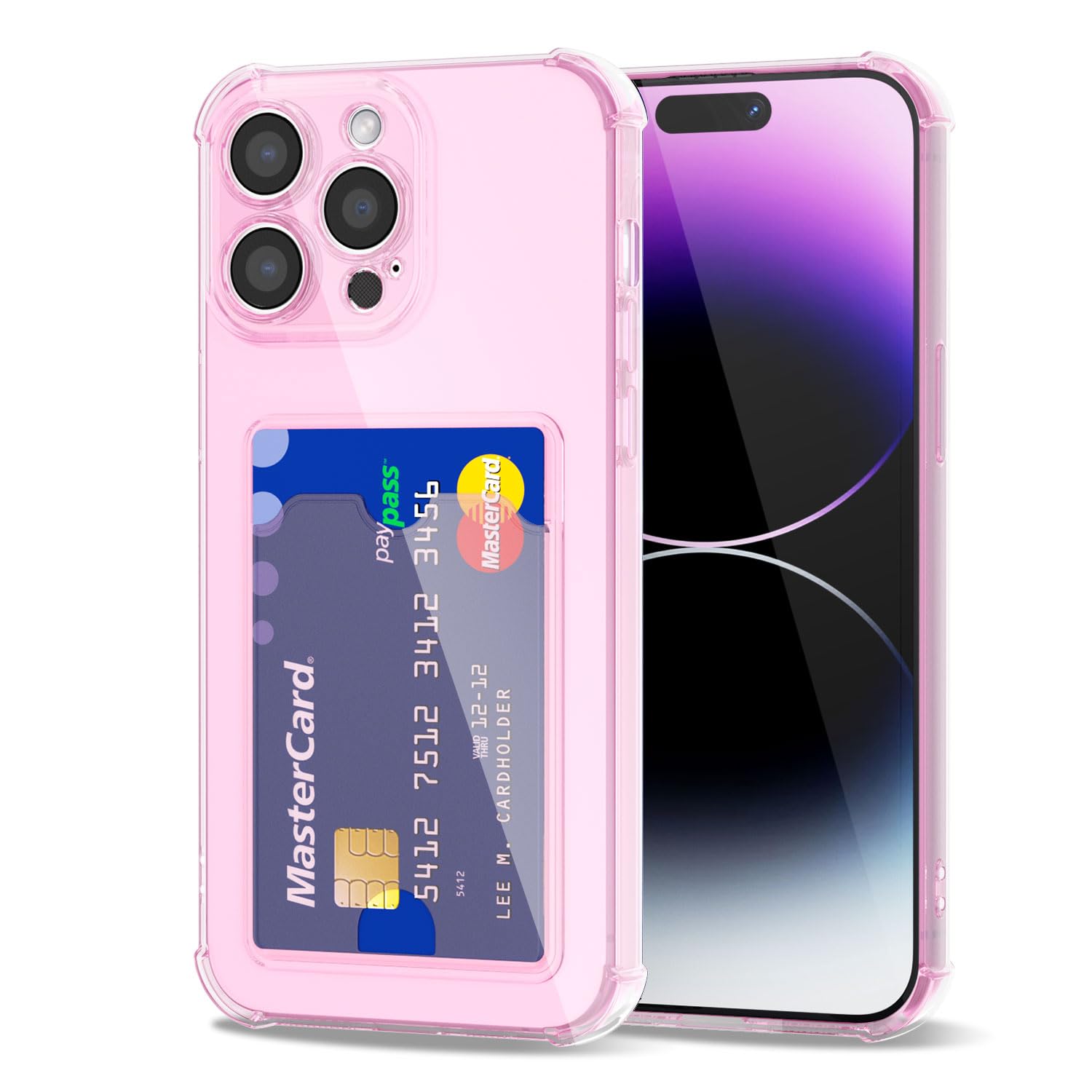 Svanove for iPhone 14 Pro Max Wallet Case with Card Holder, Cute Girly Clear Credit Card Slot Case, Thin Slim Silicone Rubber Transparent Hard Shell Camera Cover for Women Men, Light Pink