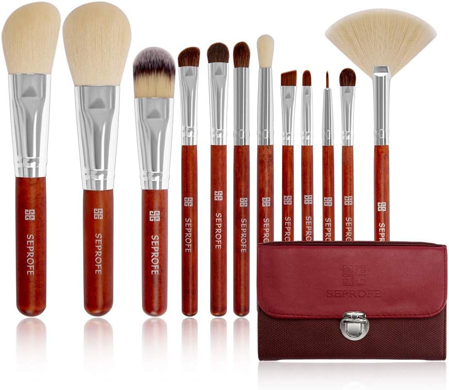 SEPROFE Makeup Brushes 12 Piece Professional Makeup Brush Set Premium Synthetic Pony Hair Kabuki Cosmetics Makeup Brush Kit with Luxury Leather Travel Cosmetic Bag