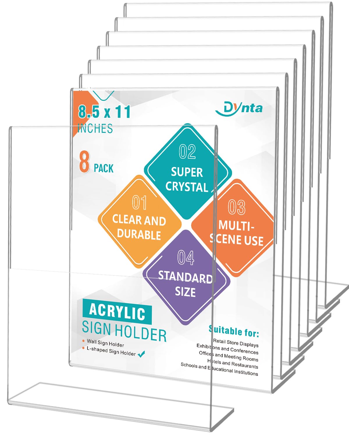 Photo 1 of Dynta Acrylic Sign Holder 8.5x11, 8 Pack L-shape Flyer Document Menu Holder, Clear Plastic Paper Holder Slanted Back Frame Display Stands for Weddings Retail Photo Store Table Party