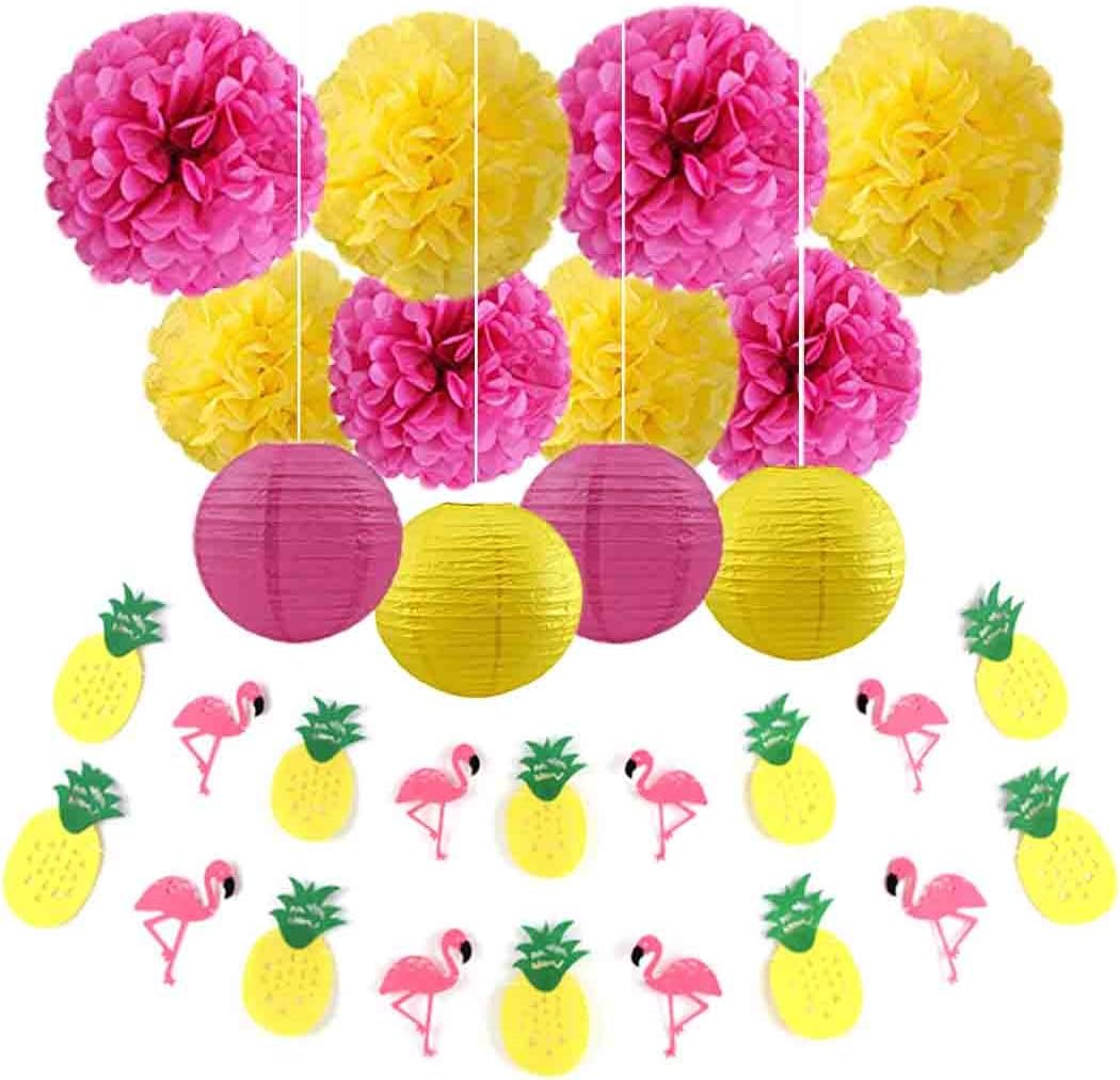 Pink Flamingo Luau Party Supplies Yellow Rose Tissue Paper Flowers Flamingo Pineapple Banner by Fadesun