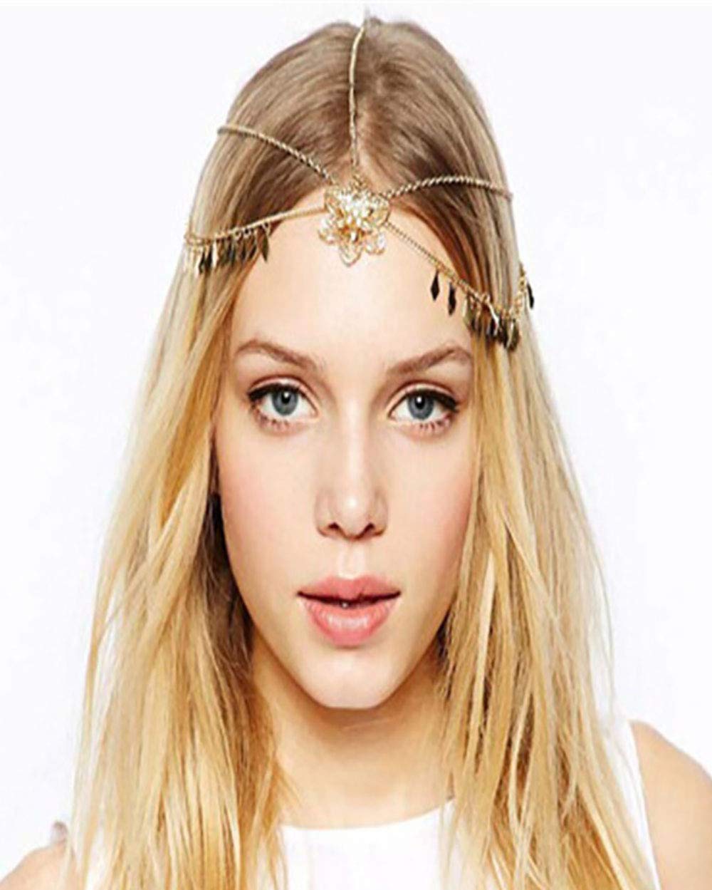 Edary Boho Head Chain Crystal Headpiece Tassel Hair Chains Flower Hair Accessories Festival Headband for Women and Girls
