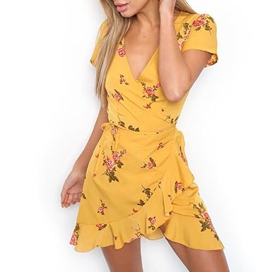 Hirolan Damen Bohemien Kleid V-Ausschnitt Tunikakleid Rockabilly Kleid Blume Drucken Strandtunika Shirtkleid Kurzarm Irregulä