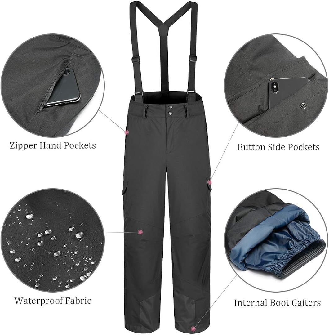 Przewalski Men's Snow Ski Bib Pants 10000mm Waterproof Insulated Snowboard Trousers with Detachable Bib : Clothing
