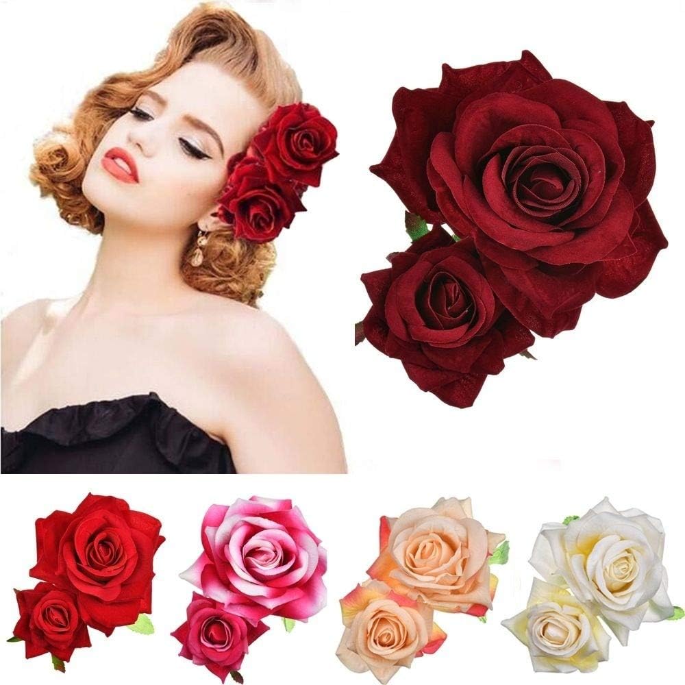 Ladies Handmade Flannel Elegant Pink Red Rose Hairpin Hair Clips Bridesmaid Head Piece Bridal Flower Hiar Clip (BEIGE)