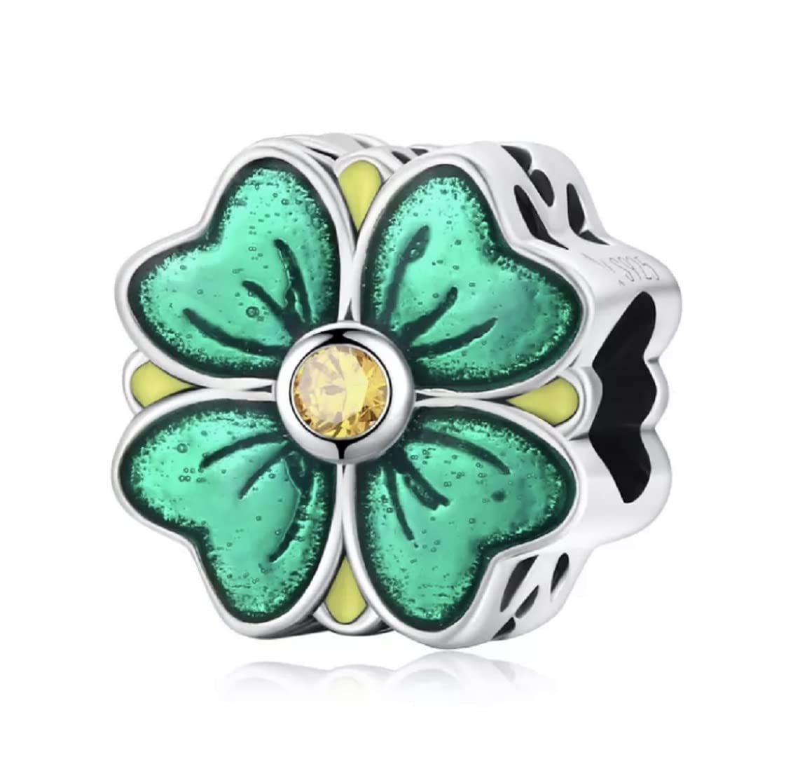 FeatherWish Lucky Four Leaf Clover Shamrock Irish Family Friend Love Heart Bead Charm 925 Sterling Silver Fits And Compatible With Pandora Bracelets Gift Mum Wife Sister Christmas (Enamel)