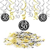 Konsait 50th Birthday Decoration, 50th Birthday Hanging Swirl (15 Counts), Happy Birthday & 50 Table Confetti (1.05oz) Black Hanging Swirl Ceiling Decor Table Decor for Birthday Party Decorations