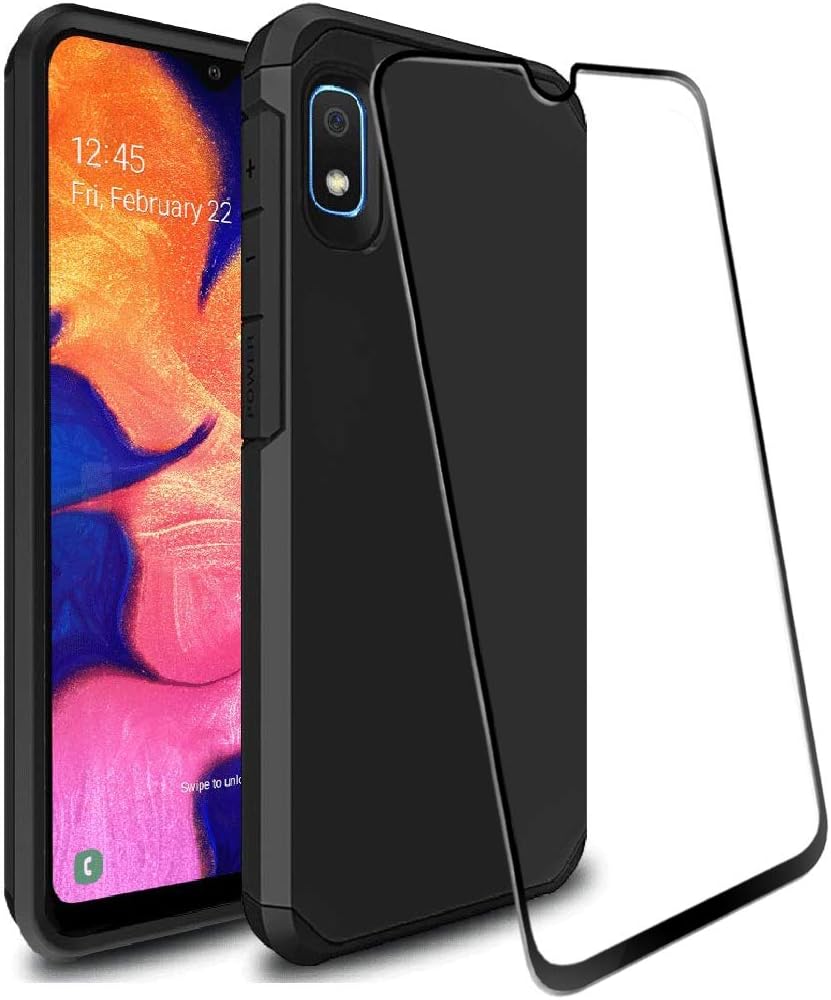 Galaxy A10e Case with 9H Tempered Glass Screen Protector, SunStory Heavy Duty [Dual Layer] Hybrid Shock Proof Protective Rugged Bumper Cover Case for Samsung Galaxy A10e (Black)
