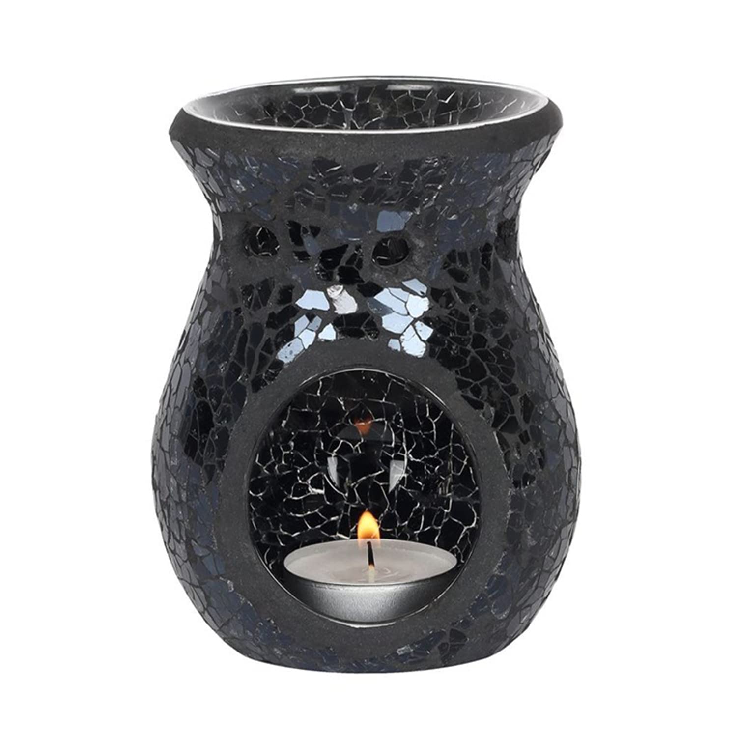 Black Crackle Glass Oil Burner- Small, Lustre Mosaic Wax Melt Burner Single Tea Light Candle Holder Aroma Gift Lamp, for Women Men