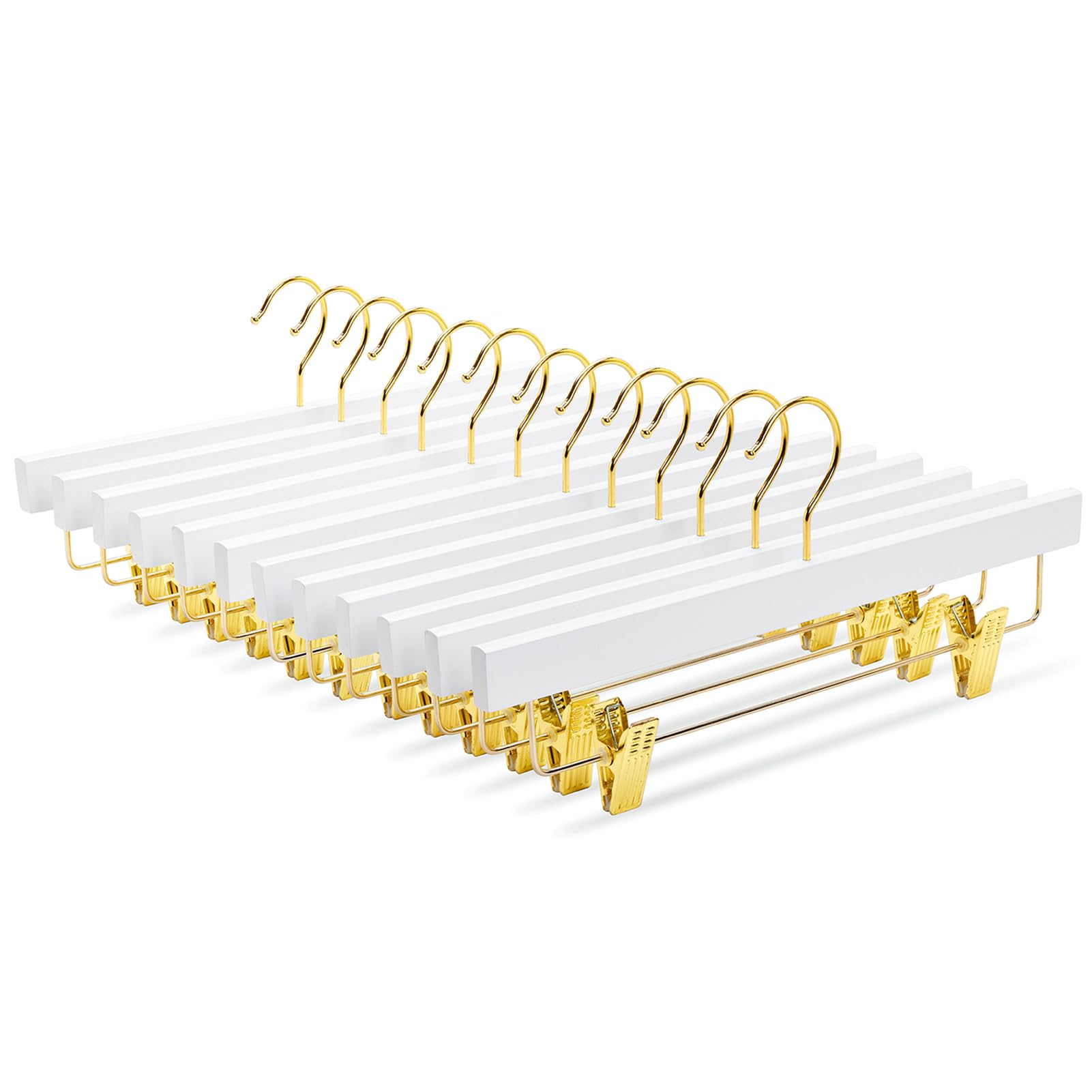 Amber Home Pack of 10 White Wooden Hangers 14 Inch for Trousers Skirts Socks Underwear Non-Slip Hanger with Clips (Gold 10)