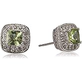 Amazon Essentials Sterling Silver Cushion Cut Birthstone and Created White Sapphire Halo Stud Earrings