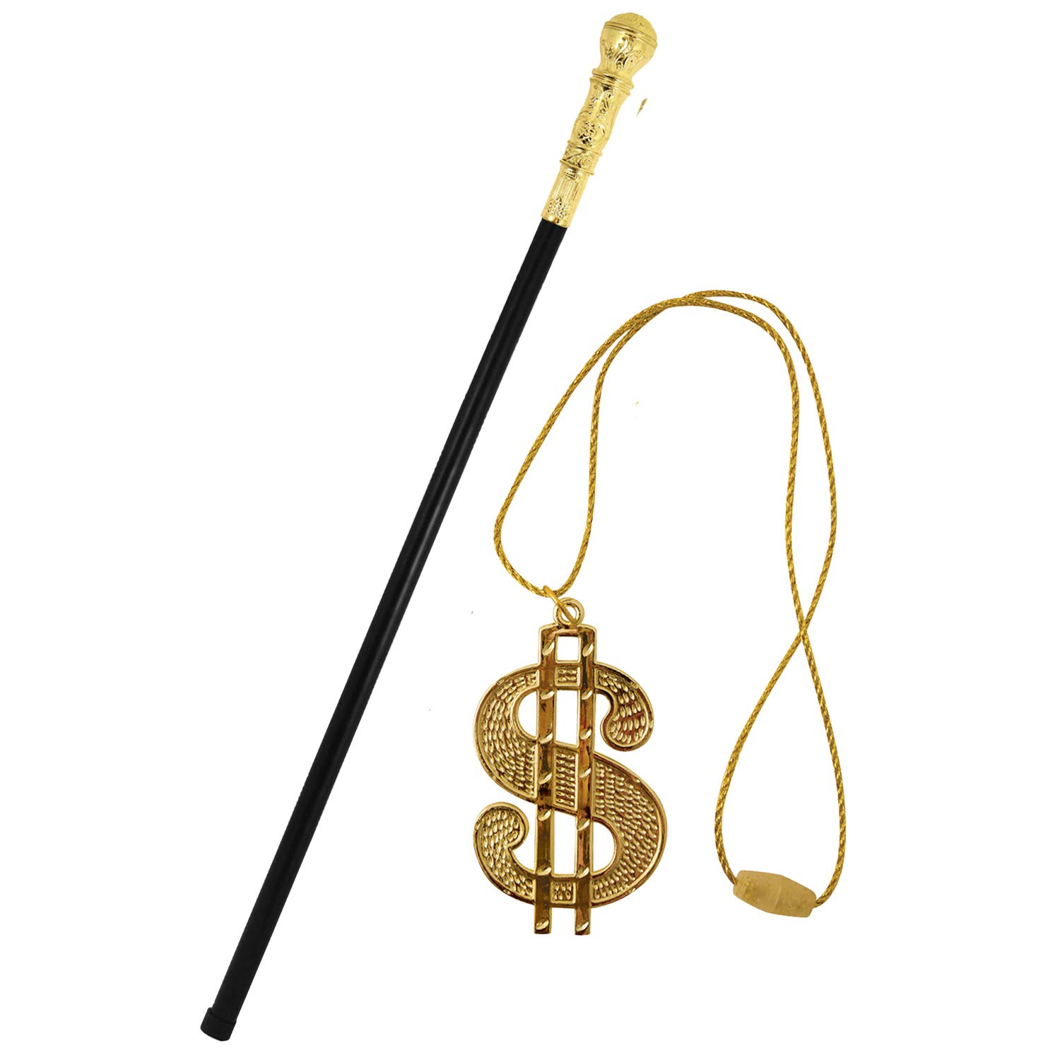 Lizzy® Adult Gold Top Stick Pimp with Gold Dollar Medallion String Cord Necklace |Gangster Posh Rich Gentleman Halloween Costume Accessories