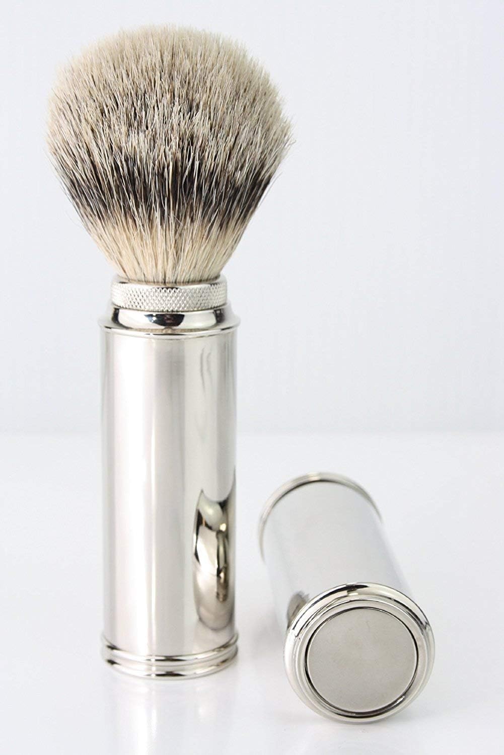 Men's Shave Silver tip Badgher Hair Travel Shaving Brush in Nickel Plated Handle