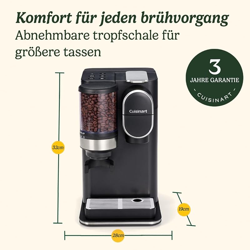 Kaffeemaschine für eine Tasse, gemahlen und gebrüht | Single serve Filterkaffee | Eingebautes Kegelmahlwerk aus Edelstahl | 3 Tassengrößen wählen | Wiederverwendbare Filterkapsel | Schwarz