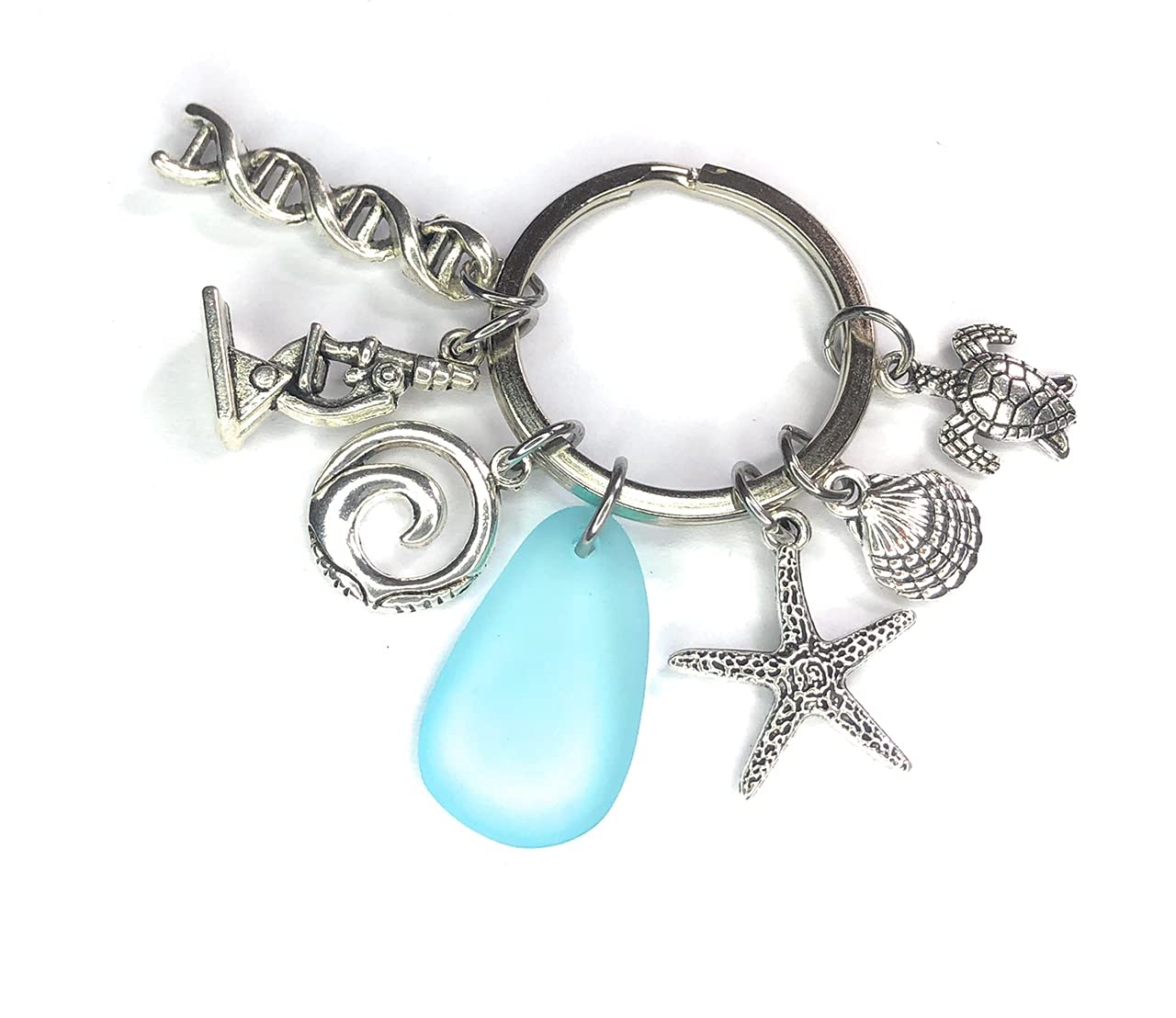 FizzyButton Gifts Marine Biology Ocean Sea Charm Keyring Key Ring with Turtle, Shell, Starfish, DNA, Microscope, Waves and Resin Sea Glass Charms