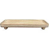 Dwellington Oval Wooden Decorative Tray, Farmhouse Style, Beaded Serving Tray for Living Room, Coffee Table (White Wash)