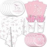 141Pcs Pink Bow Birthday Party Decorations for 20 Guests - Disposable Tableware Supplies Pink Bow Party Plates and Napkins Forks Cups Tablecloth for Girls Baby Shower Coquette Birthday Decorations