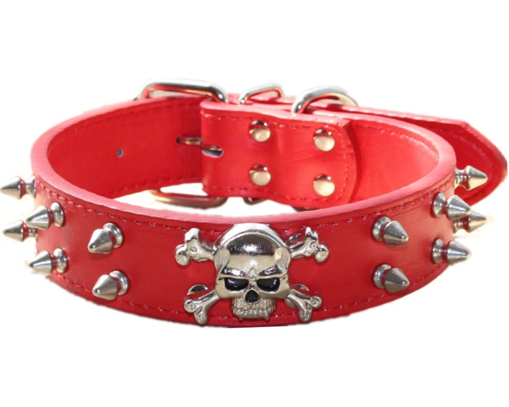 haoyueer Spiked Leather Dog Collar - 2 Rows Bullet Rivets Studded PU Leather - Cool Skull Pet Accessories for Medium and Large Dogs … (M, Red)