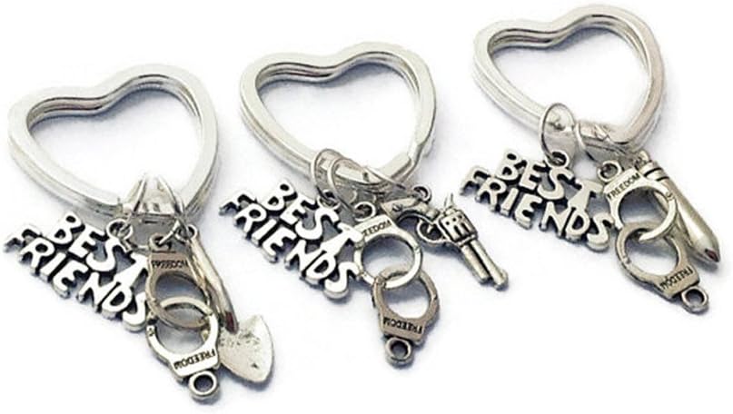 kakupao 3 Silver Handcuff Friendship Keychain, Best Friends Keyring Set, BFF Keychain Set, Shovel, Gun, Bullet Keychain