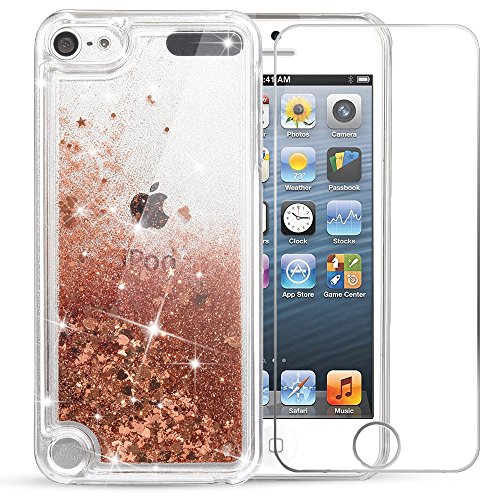 iPod Touch 6 Case, iPod Touch 5 Case, VEGO Bling Glitter Liquid Luxury Sparkle Love Heart Design Case with Floating Shining Quicksand for Apple iPod Touch 5 6th Generation (Gold)