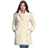 SAOL Women’s Coatigan – 100% Merino Wool Cable Knit Irish Cardigan with Pockets – Classic Warm Long Sweater Coat
