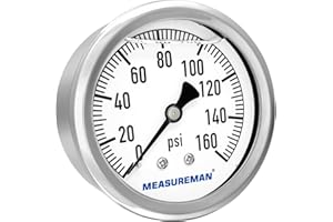 MEASUREMAN 2-1/2" Dial Size, Glycerin Filled Plumbing Pressure Gauge, 0-160psi, Stainless Steel Case, 1/4" NPT Back Mount