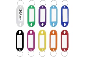 LHOCM Key Tags, 20 Pack Plastic Key Tags with Labels for Identification, Organizer, Markers, Chain, Name, ID, with Ring and Label Window, 10 Colors