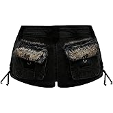 WDIRARA Women's Fuzzy Low Rise Denim Shorts Lace Up Vintage Mini Jean Shorts Streetwear