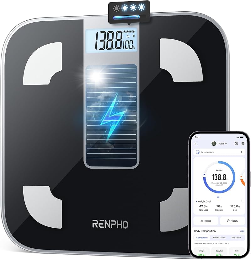 RENPHO Solar Powered Bluetooth Body Scale 400 lb, Fat %, App Sync