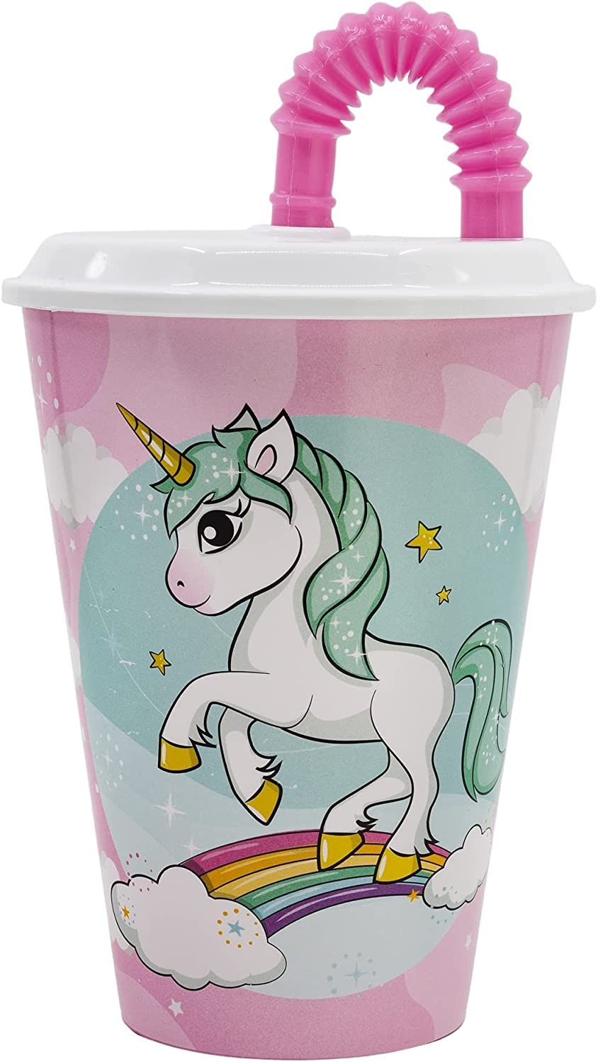 Gold1 Kids Character Sports Tumbler 430ML Drinking Re-usable Plastic Cup with Straw (Unicorn)