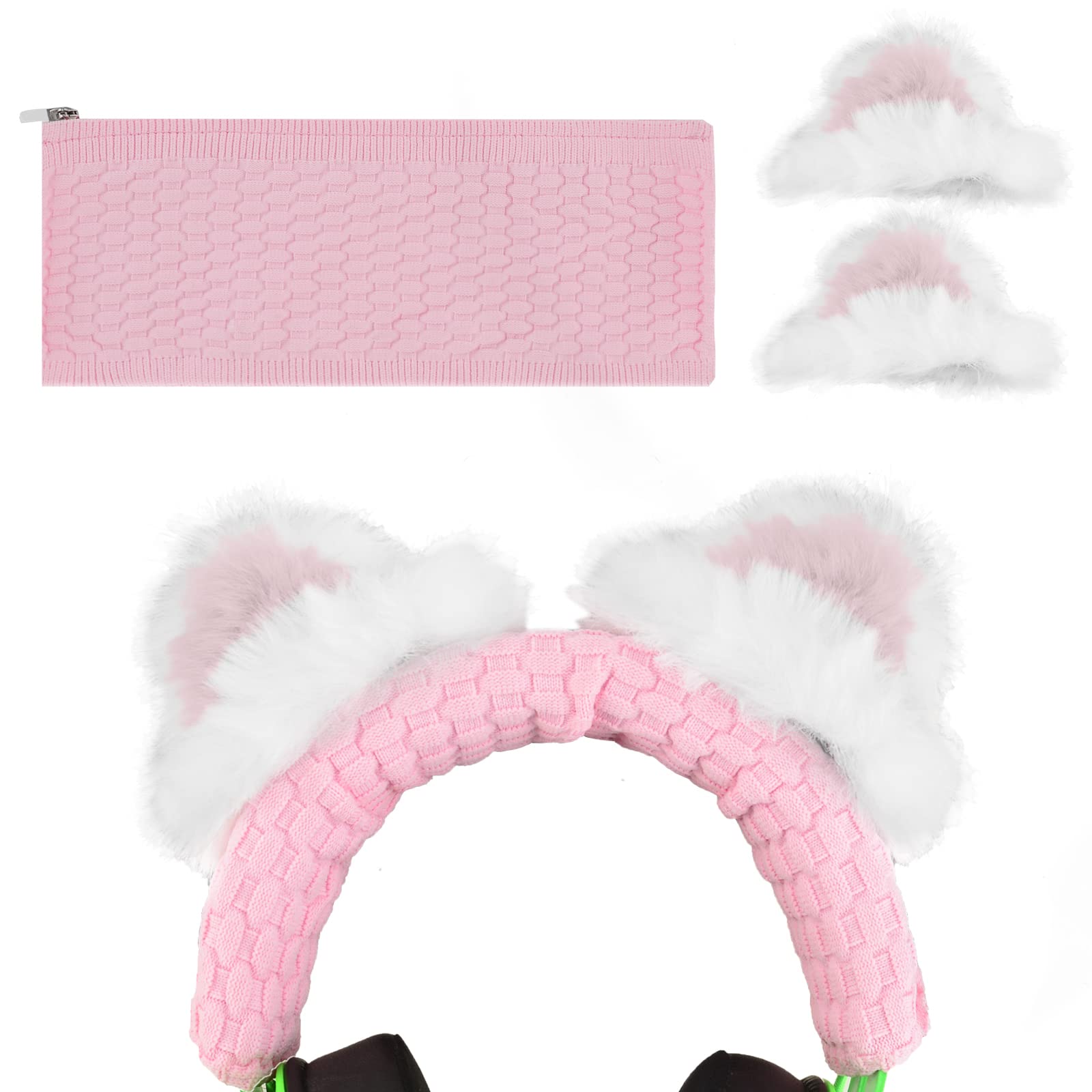 Geekria NOVA Knit Fabric Headband Cover + Cat Ears Attachment Compatible with Razer Kraken V4, SteelSeries Arctis Nova Pro, HyperX Cloud III, Sennheiser GSP 300 Headphones (Pink)