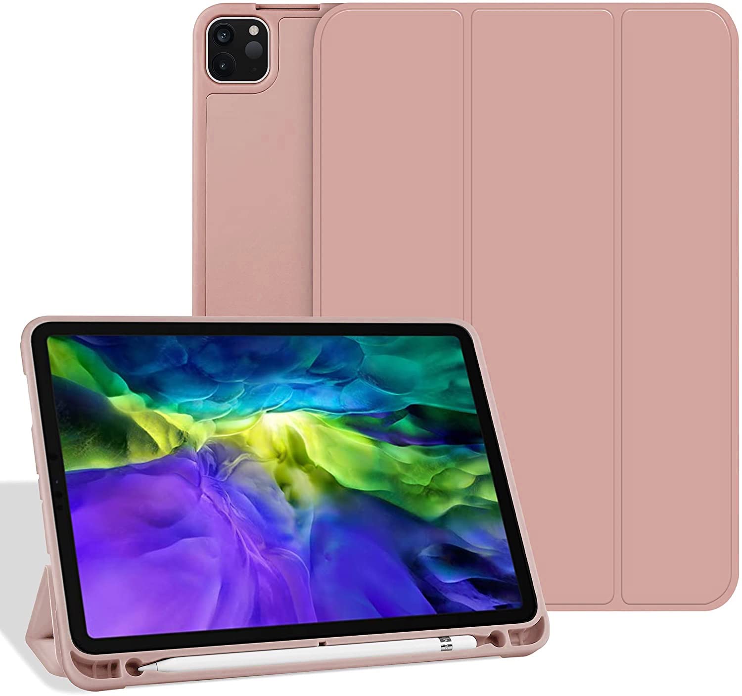 Protective Case for iPad Pro 11 Inch 2020/2018 with Pencil Holder, Silicone Soft TPU, Slim Lightweight Trifold Stand [Support Pencil Charging] (Pink)