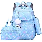 EKUIZAI 3PCS Mermaid Backpack for Girls Fish Scale Print Primary Bookbags set Girls Backpack with Lunch Box